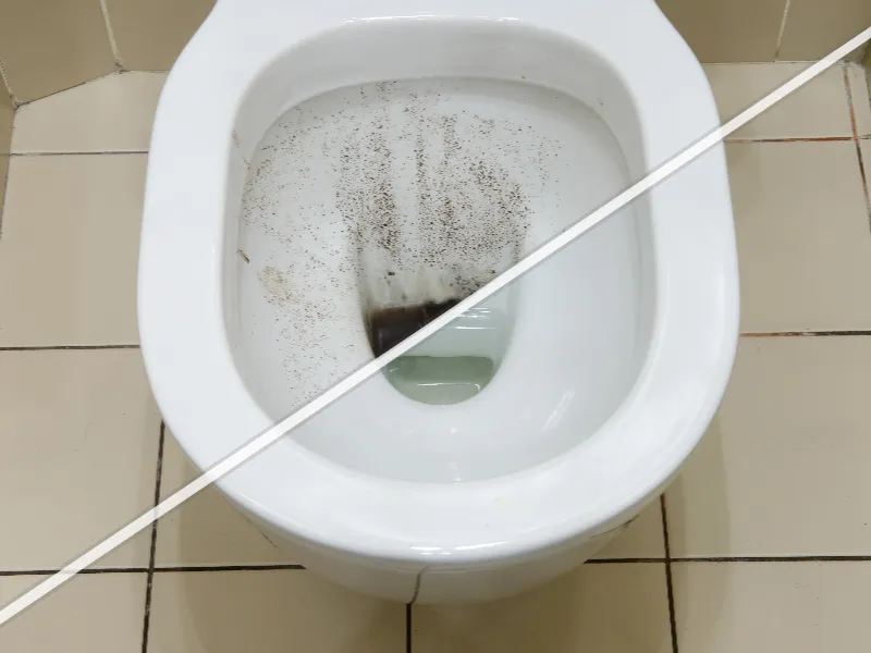 Toilet bowl showing a before and after cleaning comparison with dirt on one side and clean on the other.