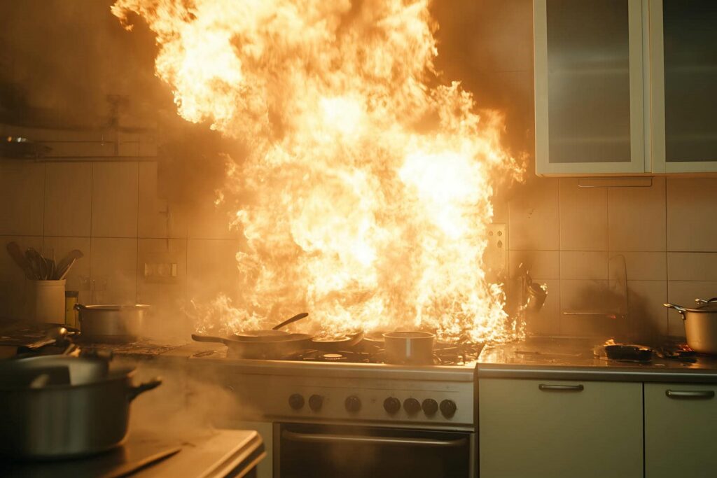 Large flames erupting from a stove in a kitchen, engulfing pots and pans.
