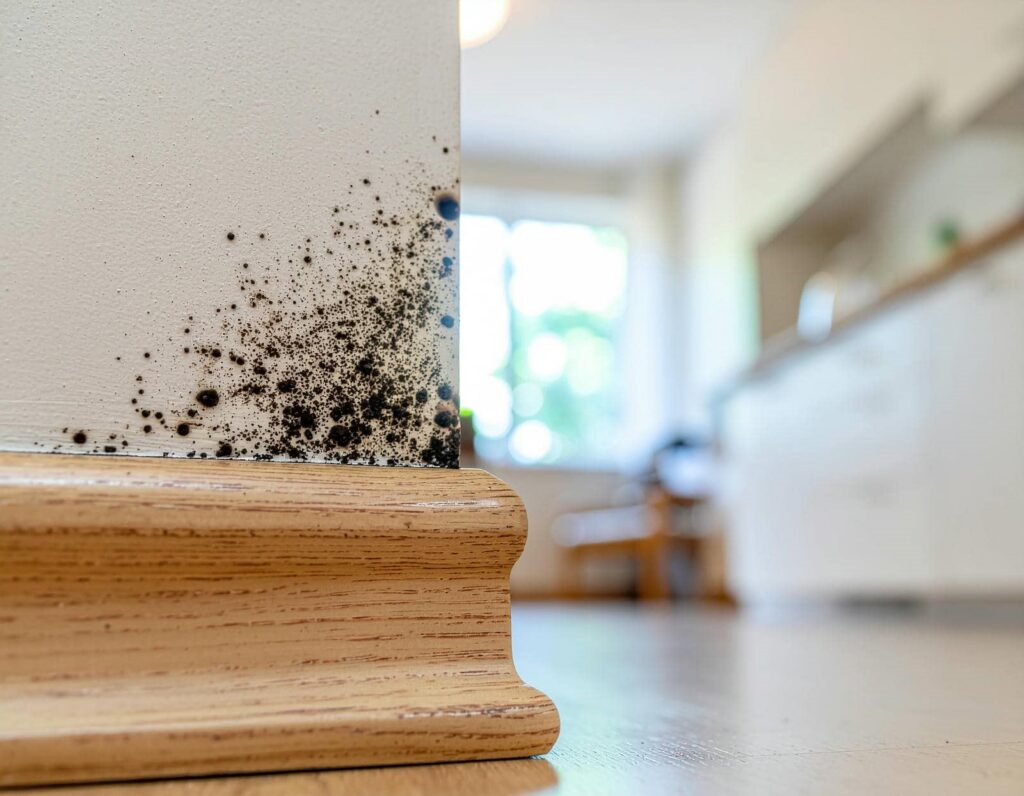 Black mold spots growing on a white wall near a wooden baseboard in a room.