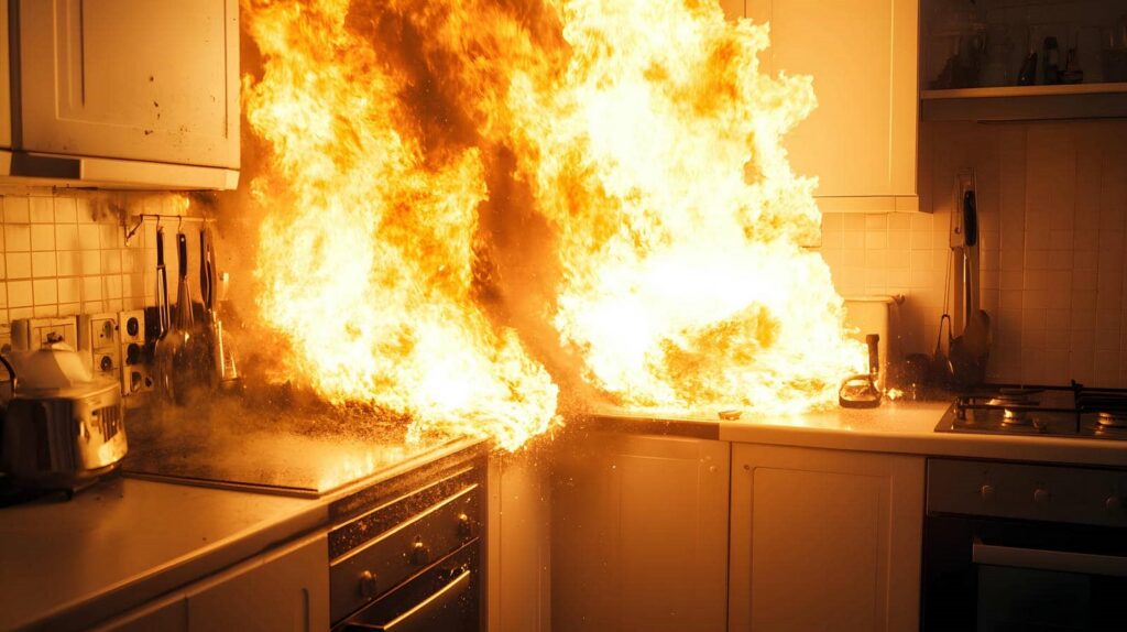 Large fire engulfing a kitchen countertop and stove area with intense flames.