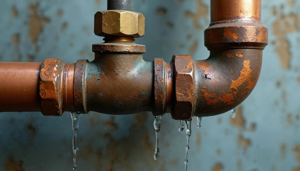Rusty metal pipe with multiple leaks dripping water.