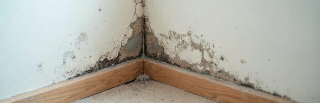 Mold growth and water damage on the corner of an interior wall near the floor.
