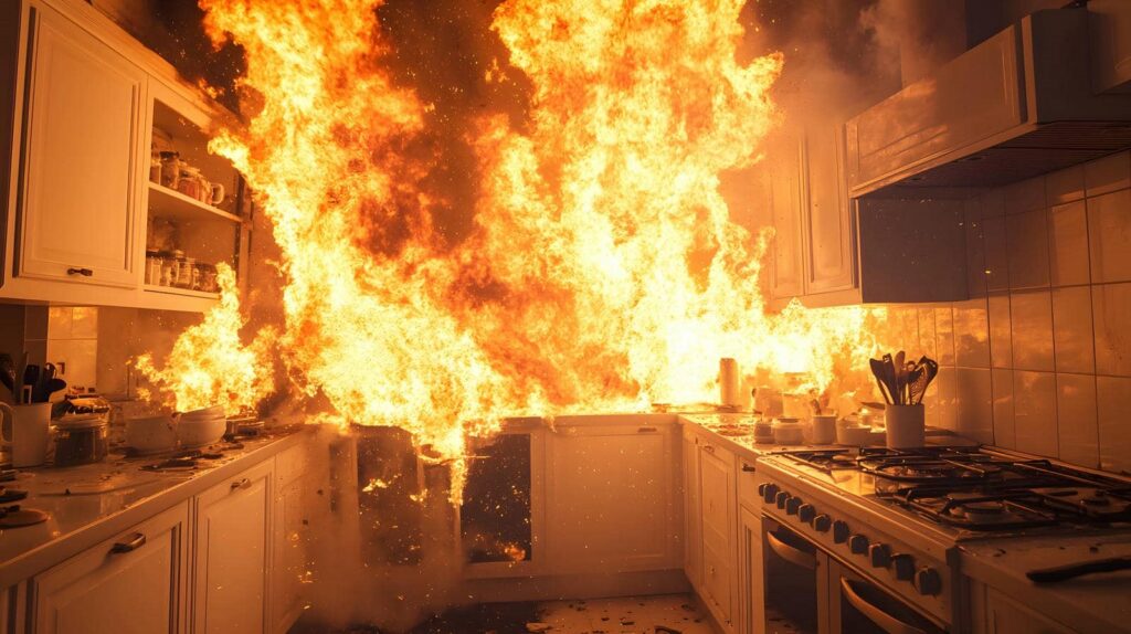 Large fire engulfing a kitchen with flames spreading across countertops and cabinets.