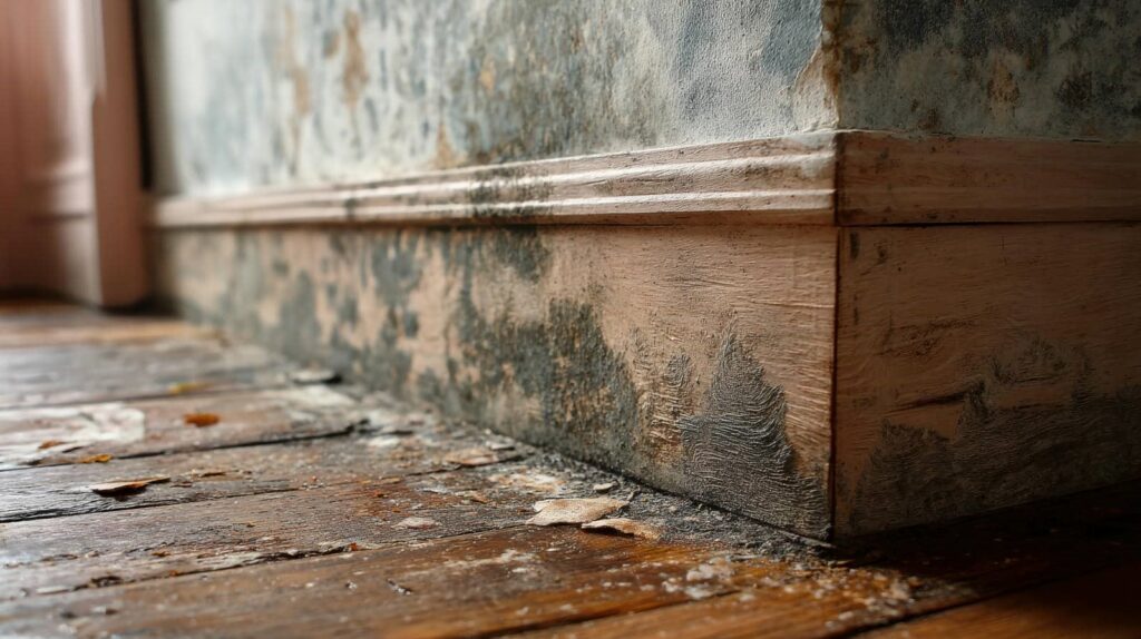 Mold and water damage on wooden baseboard and floor near a wall corner.