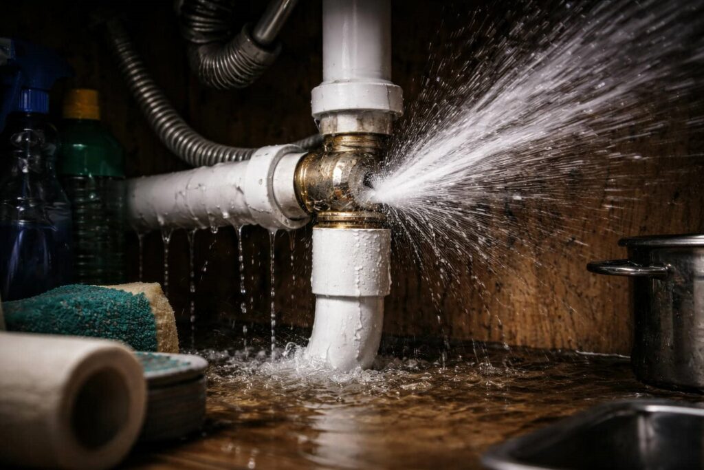 Water spraying from a burst pipe joint under a sink, causing flooding.