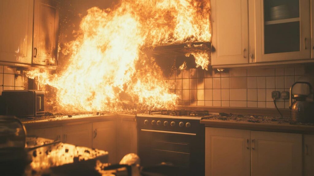 Kitchen stove engulfed in large flames with fire spreading to cabinets and countertop.