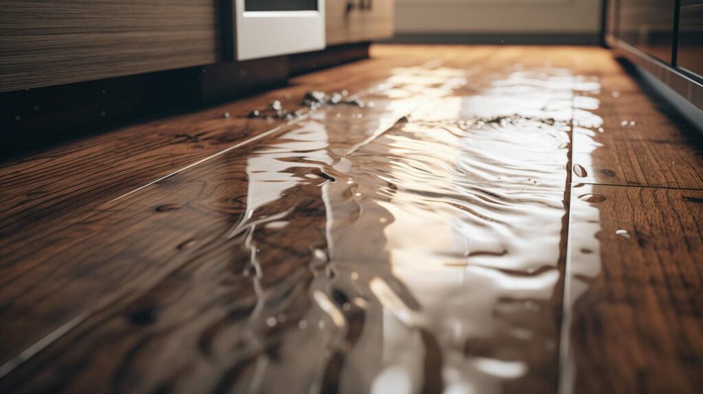 Water spilled and pooling on a wooden kitchen floor near cabinets and appliances.