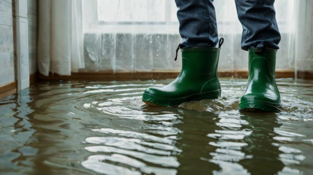 Person wearing green rain boots standing in a flooded room with water covering the floor.
