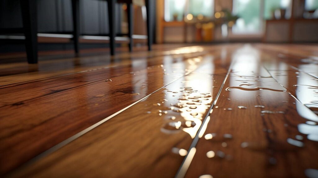 Water droplets scattered on a polished wooden floor with blurred furniture in the background.