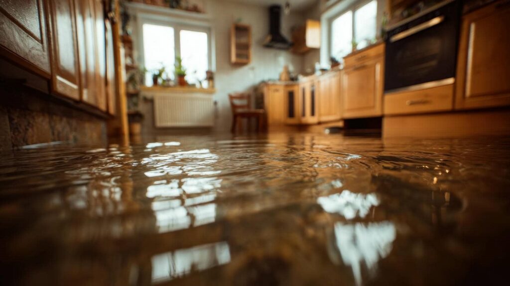 Flooded kitchen floor with water reflecting windows and wooden cabinets.