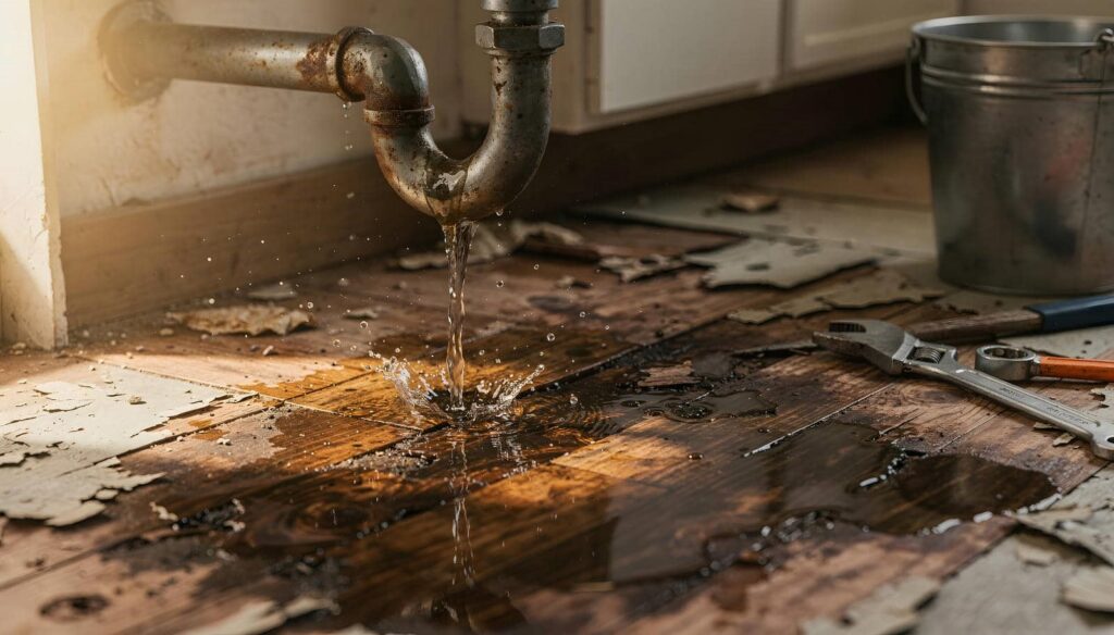 Rusty pipe leaking water onto damaged wooden floor with tools and a metal bucket nearby.