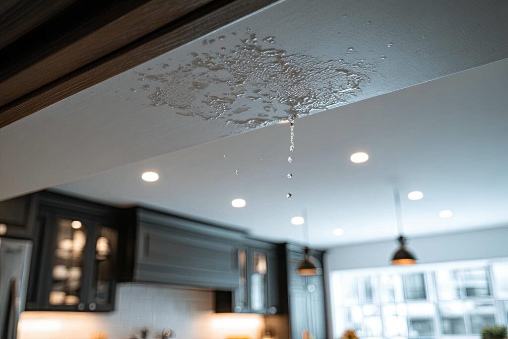 Water leaking and dripping from a ceiling inside a kitchen.