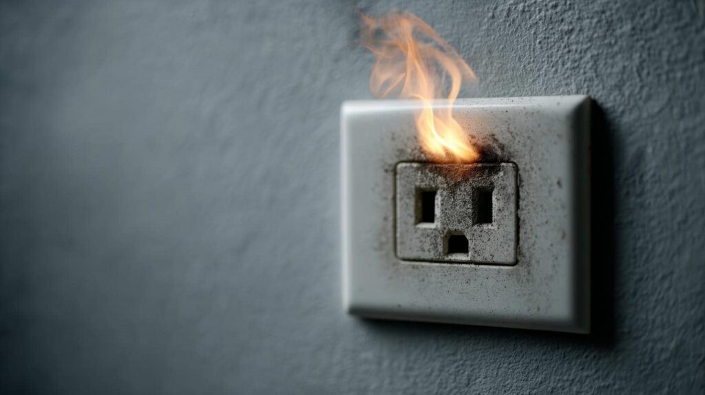 Electrical outlet on a wall with flames and burn marks around one socket.