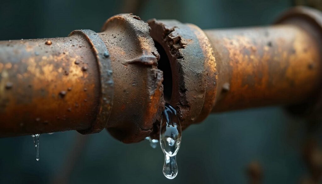 Rusty broken pipe leaking water with a large droplet forming.