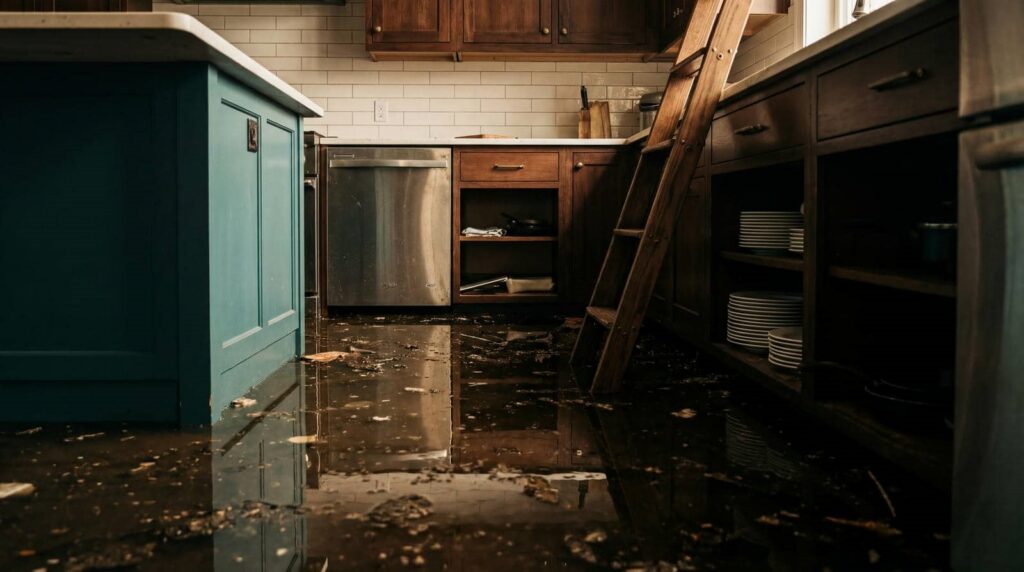 Flooded kitchen floor with debris and wooden cabinets, a ladder leaning against the counter.