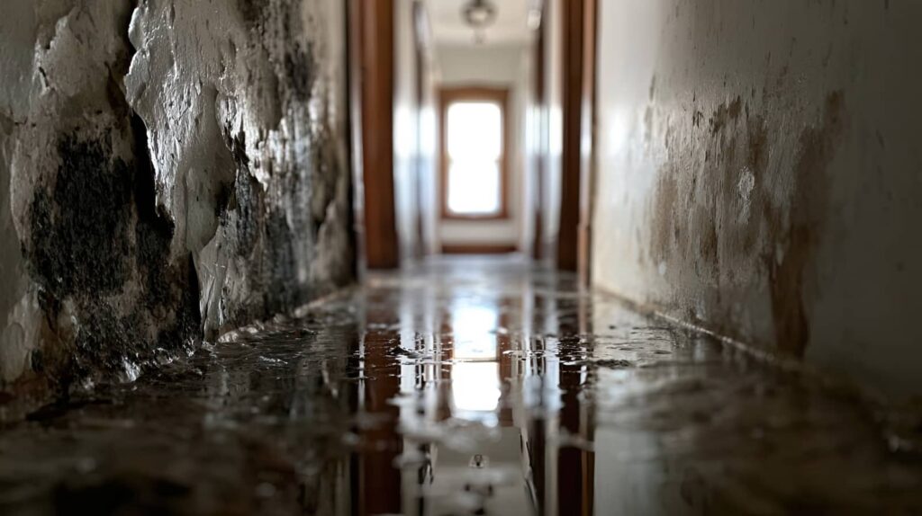 Water flooding a narrow hallway with damaged walls.