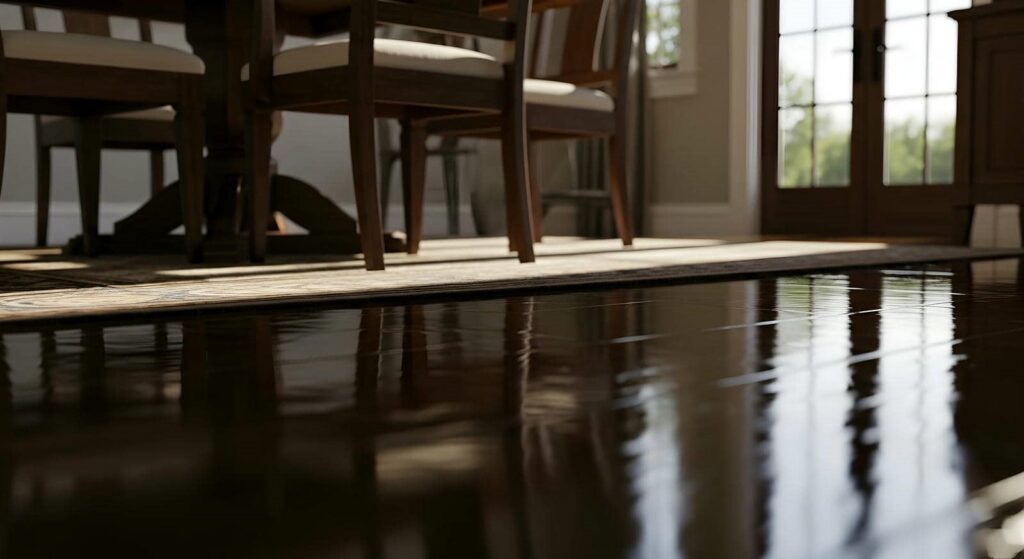 Shiny dark hardwood floor reflecting dining chairs and a window with sunlight streaming in.