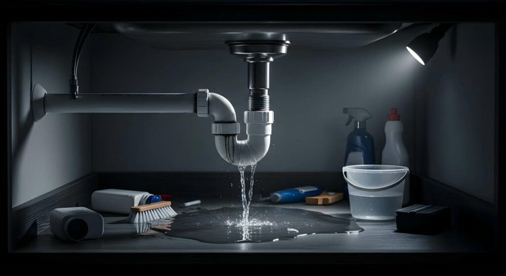 Leaking pipe under a sink with water pooling on the cabinet floor and cleaning supplies nearby.