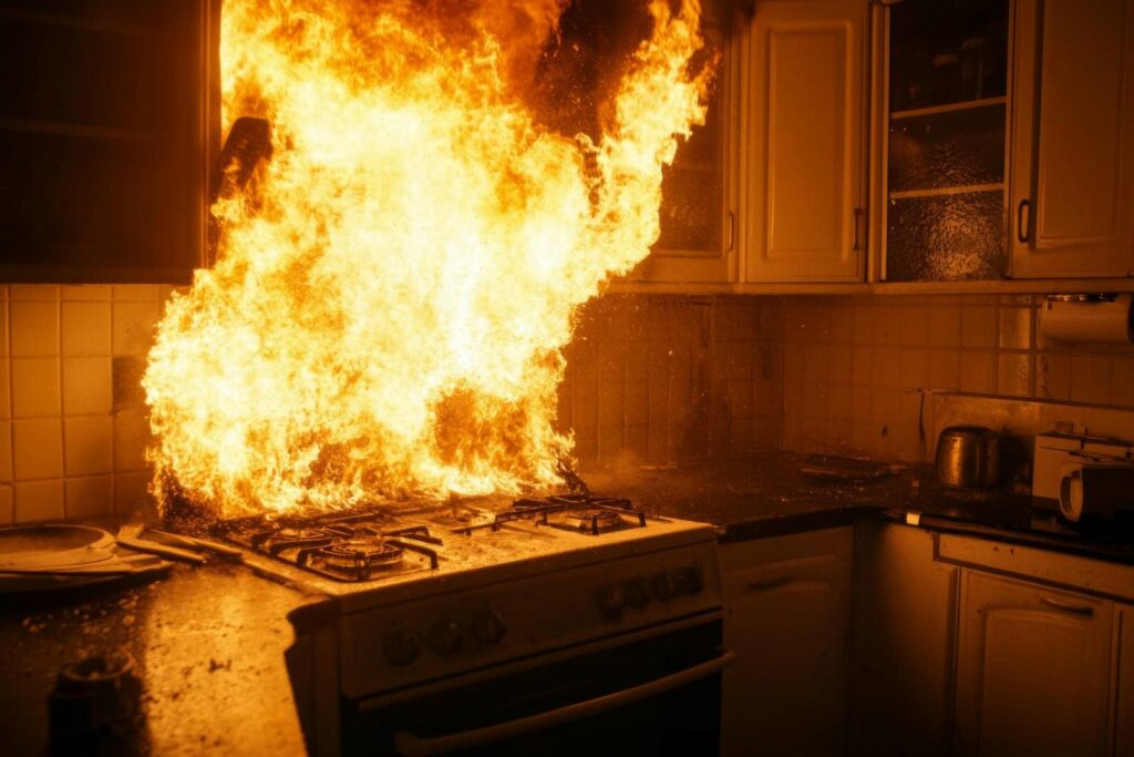 Flames engulf a gas stove in a kitchen fire.