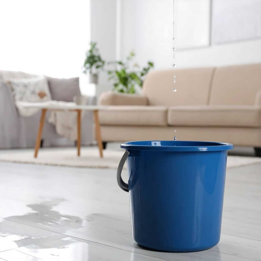 Blue bucket catching a leak in a living room.