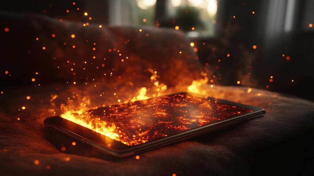 A tablet lying on a surface with its screen appearing to burn and emit glowing embers.
