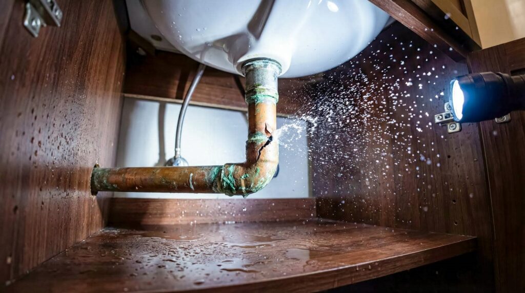 Leaking cracked pipe under a sink spraying water inside a wooden cabinet.
