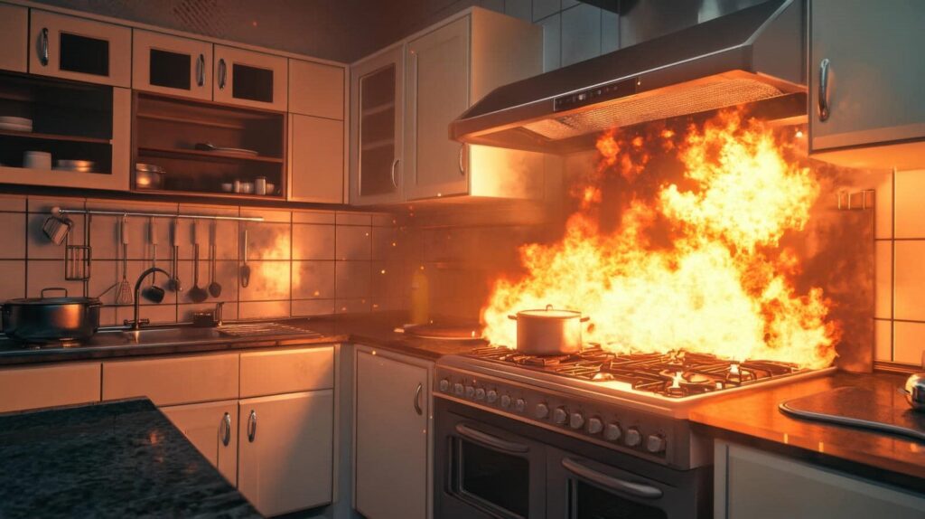 Kitchen stove engulfed in large flames with a pot on the burner.
