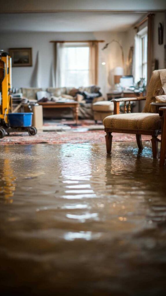 Living room flooded with water covering the floor near furniture and a cleaning machine.