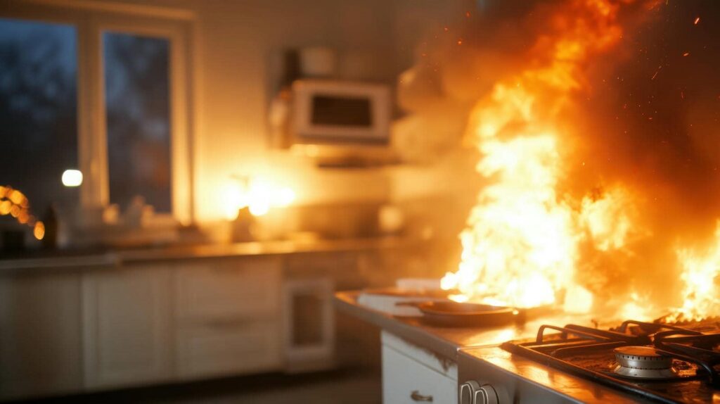 Kitchen stove engulfed in large flames and fire.