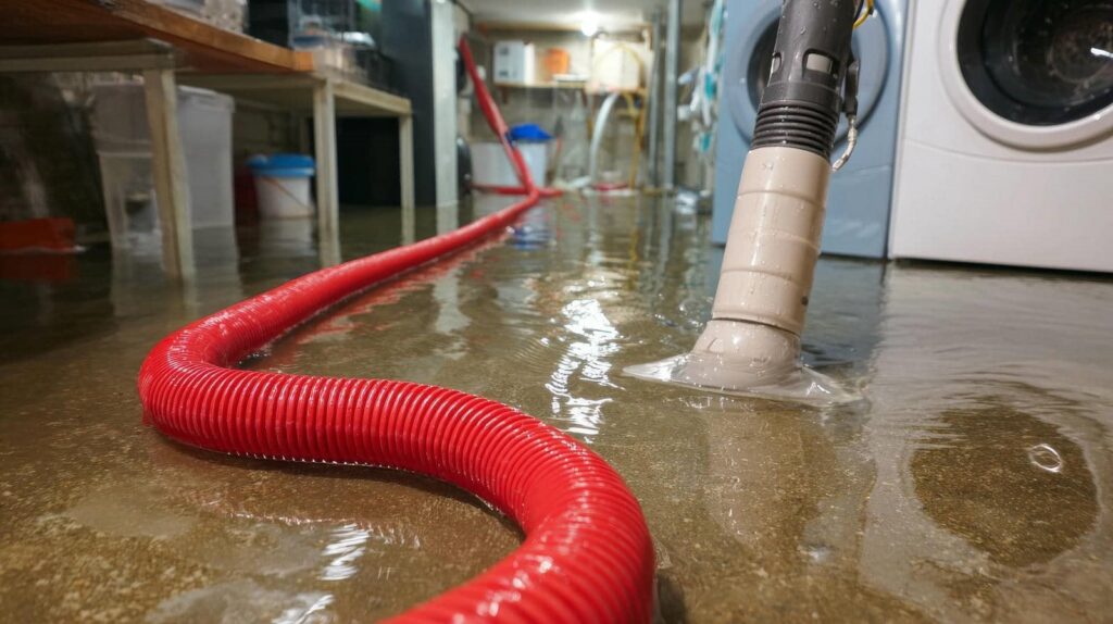 Flooded basement with a red hose and a pump removing water near washing machines.