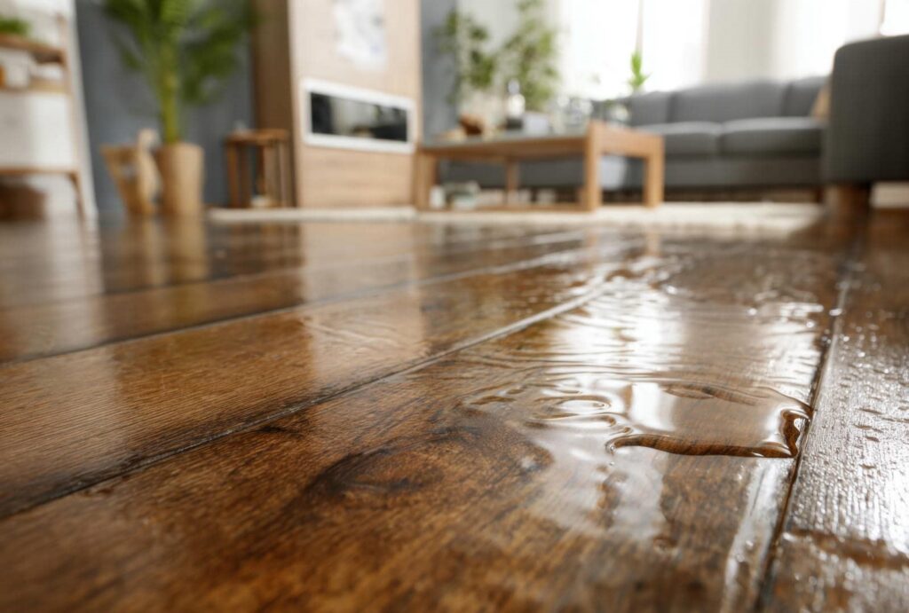 Water spilled on a wooden floor in a living room with a gray sofa and wooden coffee table in the background.