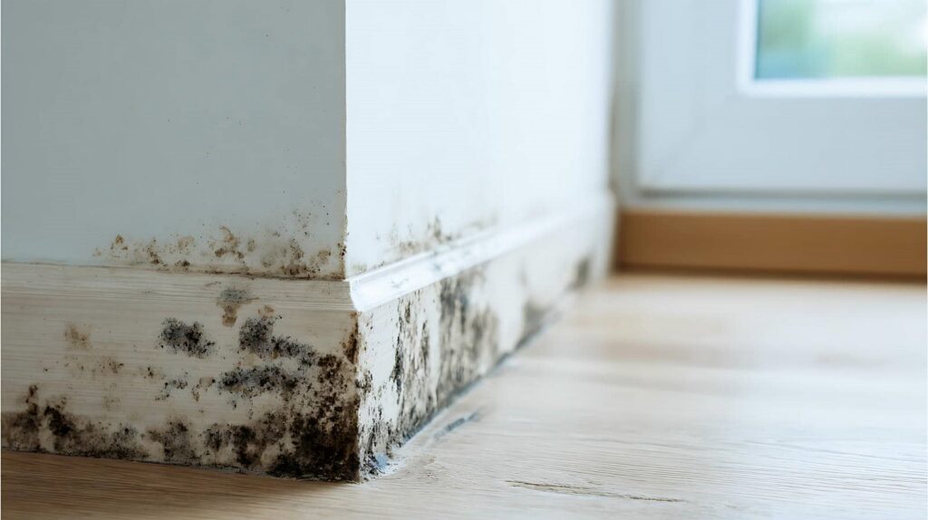 Black mold growing along the baseboard and corner of a white wall near a wooden floor.