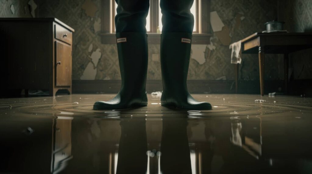 Person in rain boots standing in a flooded room.