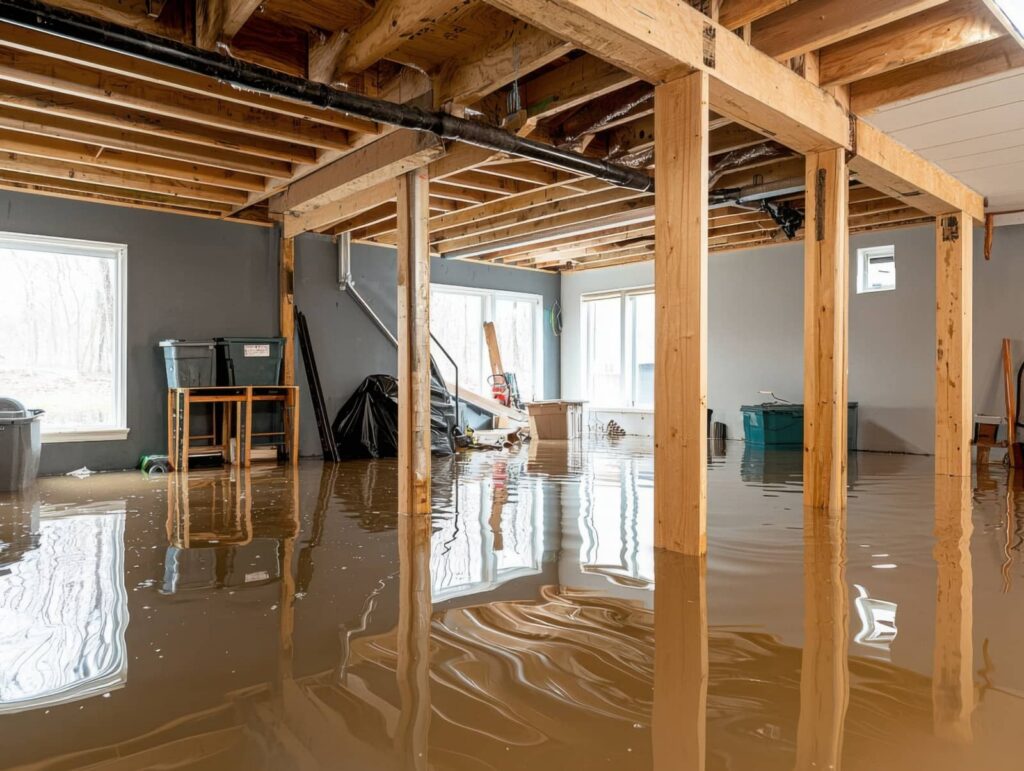 Flooded basement under construction with standing water and exposed beams.