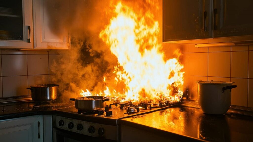 Kitchen stove engulfed in large flames with pots nearby.