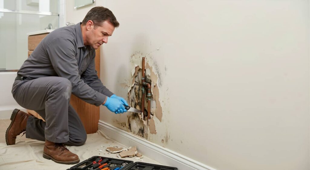 Plumber kneeling and repairing a damaged wall with exposed pipes.