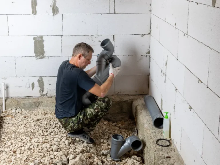 Man in camouflage pants installing gray PVC pipes in a room with unfinished walls and gravel floor.