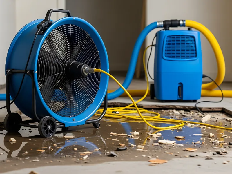 Blue industrial fan and dehumidifier connected by hoses on a wet, debris-covered floor.