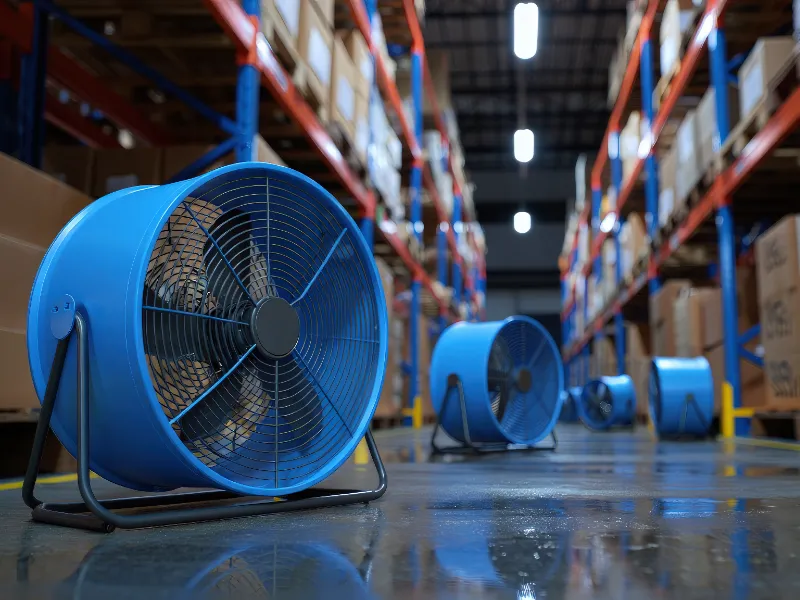 Four blue industrial fans lined up on a warehouse floor between shelves with boxes.