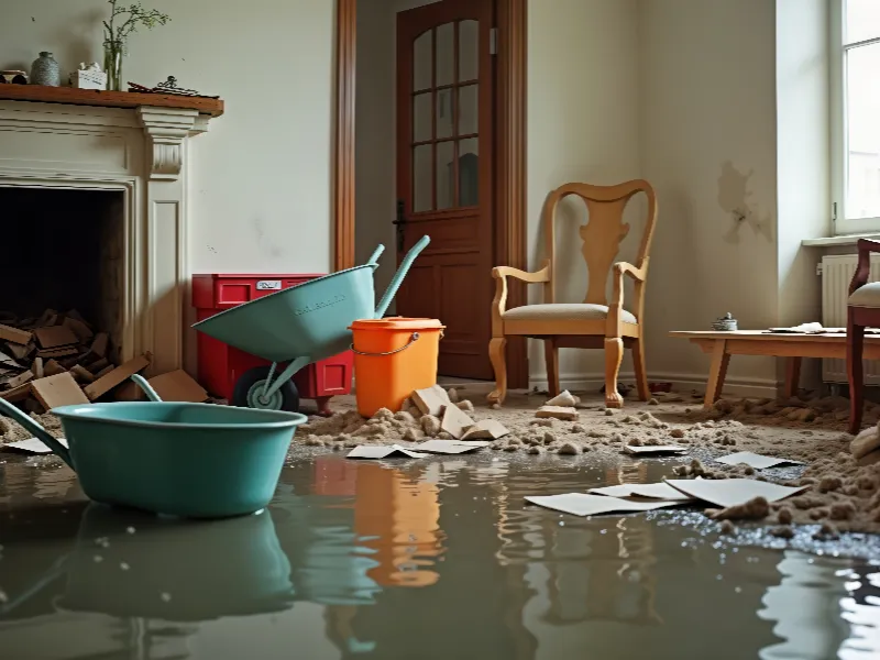 Flooded living room with water, scattered papers, a wheelbarrow, bucket, and wooden chairs.