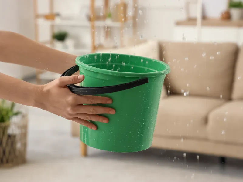 Hands holding a green bucket catching water droplets indoors near a beige sofa.