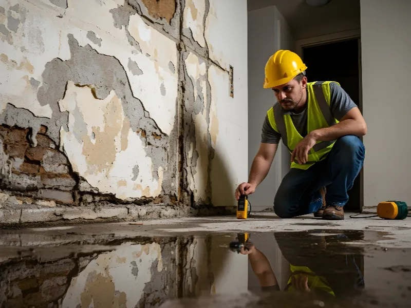Construction worker in a hard hat measuring water level on a damaged floor near a peeling wall.