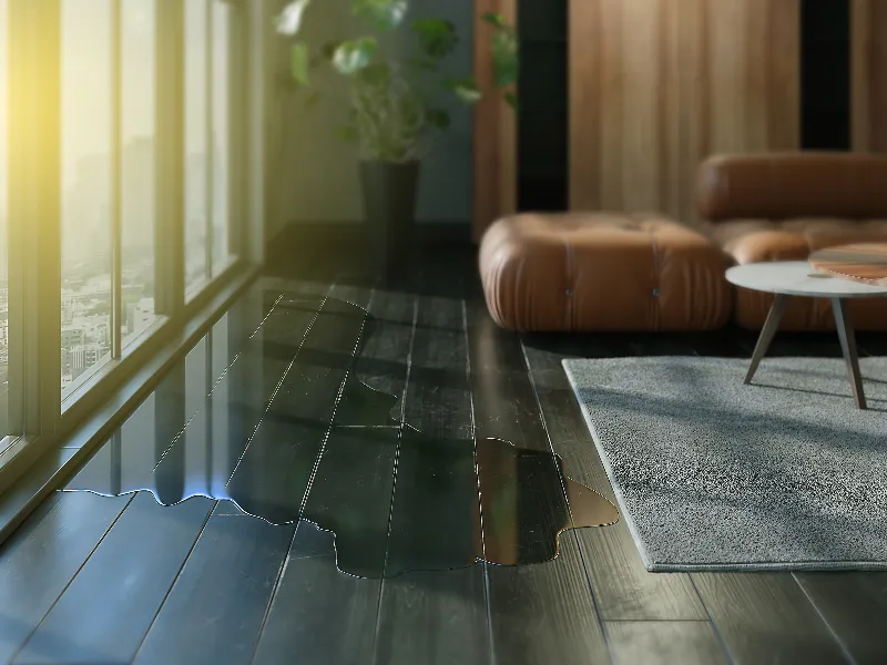 Water spilled on a dark wooden floor near a window in a living room.