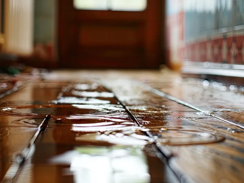 Wet wooden floor with water puddles reflecting light near a door.