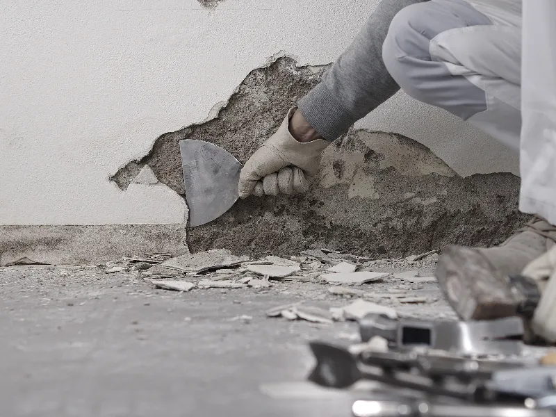 Person scraping damaged plaster off a wall with a putty knife.